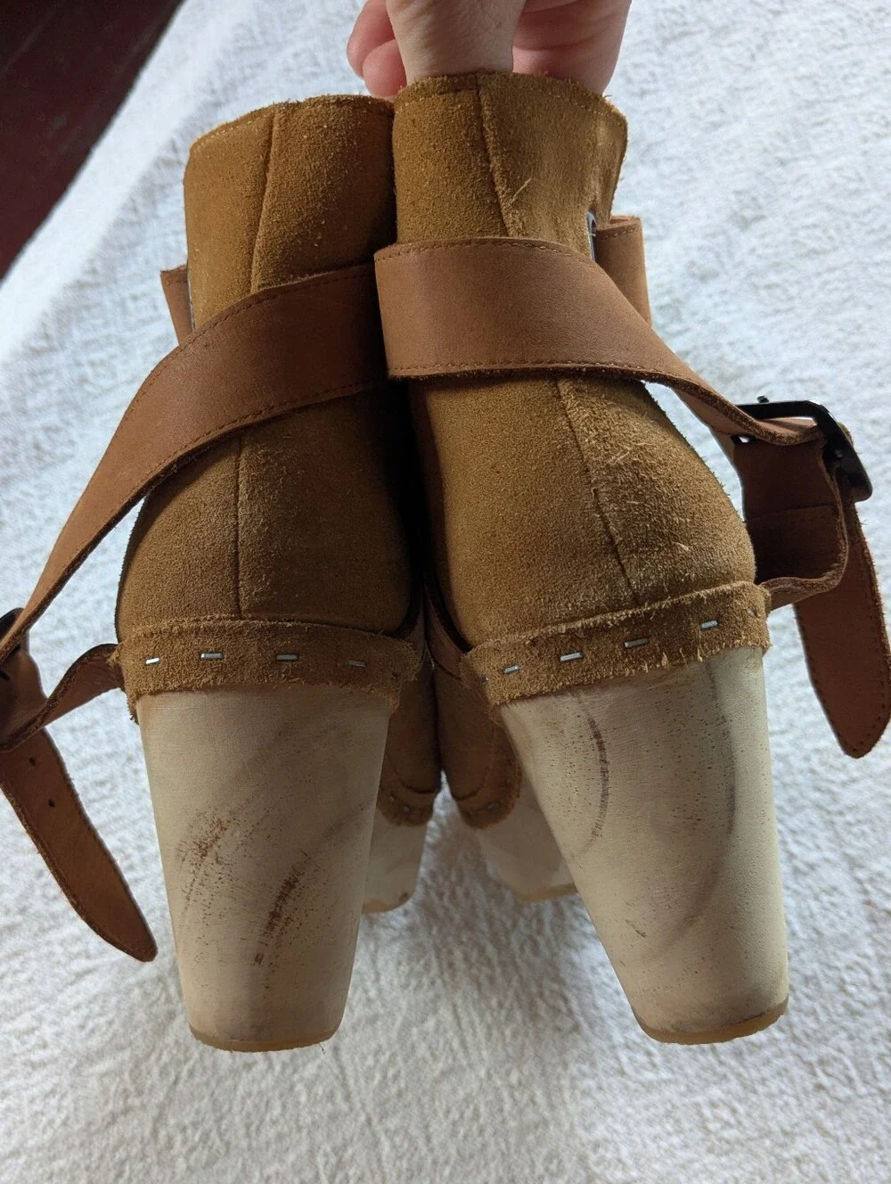 Free People Bungalow Wooden Clog Ankle Boot Strap Suede Sand Sz 39